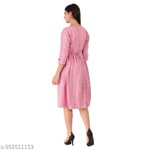 Stitched cotton blend pink frock dress for girls, three-quarter sleeves, printed net pattern, casual outfit, Indian origin