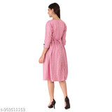 Stitched cotton blend pink frock dress for girls, three-quarter sleeves, printed net pattern, casual outfit, Indian origin