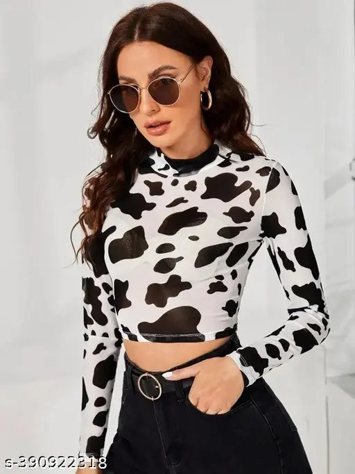 Printed black and white lycra full sleeve T-shirt with cow print, featuring sheer long sleeves in a slim fit, suitable for casual style