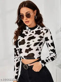 Printed black and white lycra full sleeve T-shirt with cow print, featuring sheer long sleeves in a slim fit, suitable for casual style