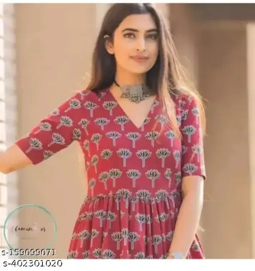 Red printed flared kurta for women