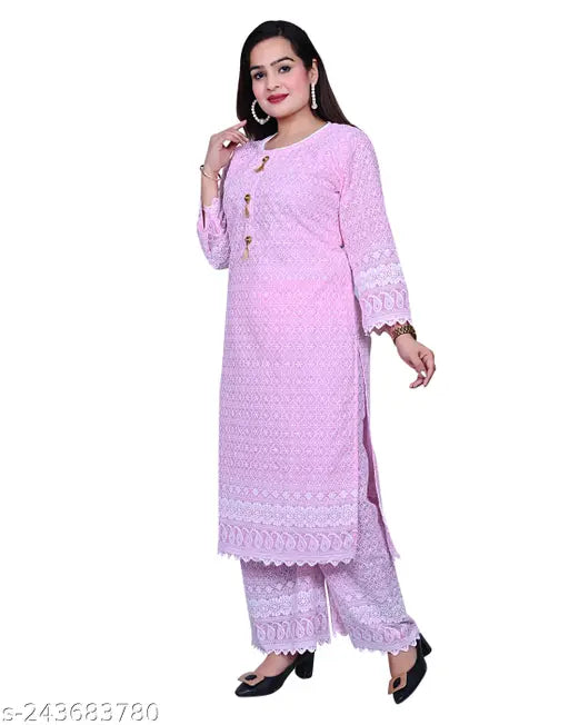 Women's embroidered Chikankari Style Cotton Blend Kurta & Palazzo Set - High-quality, relaxing fit Indian traditional straight kurta and palazzos with three-quarter sleeves, embroidered net pattern