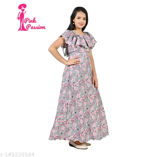 A young woman in a long, flowered dress