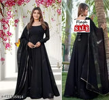 Black Georgette Anarkali Gown with Dupatta - Long sleeve, maxi dress for women's wedding partywear or casual occasions. Indian traditional fashion