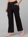 Solid cotton blend cargo pants for women, size options: S-XL