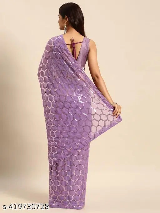 Purple georgette saree with sequins on white background