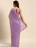 Purple georgette saree with sequins on white background