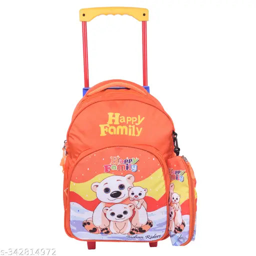 Orange polyester waterproof school trolley bag for kids (25 L), Indian Riders Ice Bear Happy Family design. Durable and spacious backpack for toddlers age 2-8