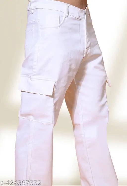 White denim pocket jeans, loose fit by Jeancherry - pre-shrunk, pill-resistant fabric with contrast thread. Baggy design for extended use and trendy style. Available sizes: 28, 30, 32, 34 (hip size varies). Made in India