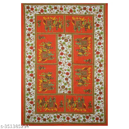 Jaipuri Orange Cotton Bedsheet with Elephant Print, 100% Cotton