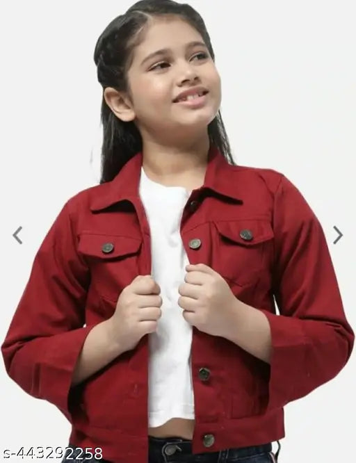 Red denim jacket with white shirt and dark pants