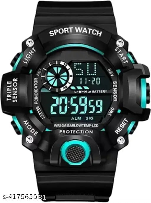 Black and blue sports digital watch with multiple functions, chronograph display