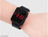 Black and white smartwatch with digital clock displaying time