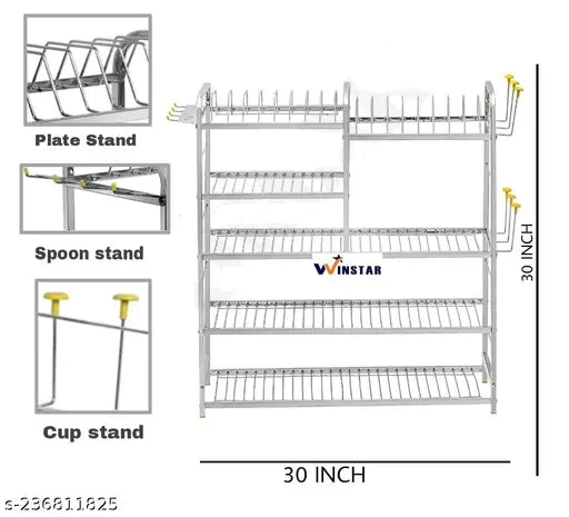 Stainless steel wall mount kitchen utensils dish rack, holder for plates and cutlery, stand with glass shelves, dimensions 31 x 30 inches