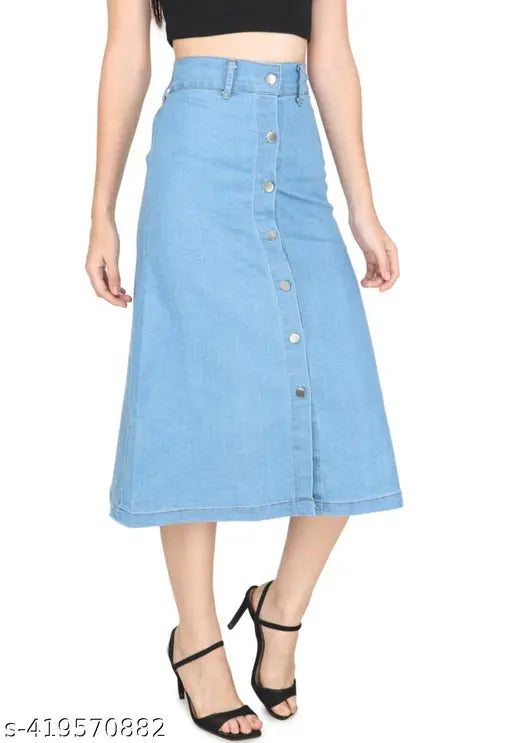 Light blue denim skirt, button closure, short hem