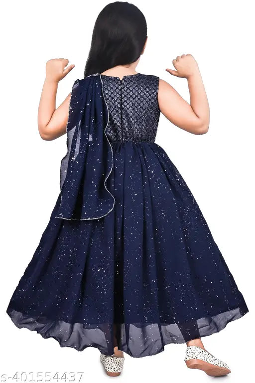 Navy Blue Modern Fancy Acrylic Dress - Embellished net pattern for girls aged 2-16 years, India origin