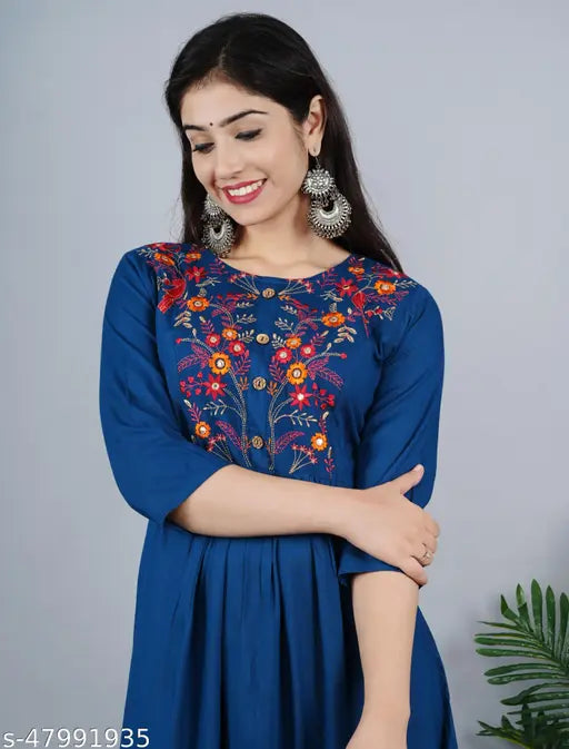 Rayon embroidered Anarkali kurti with 3/4 sleeves, intricate embellishments for women, India-made