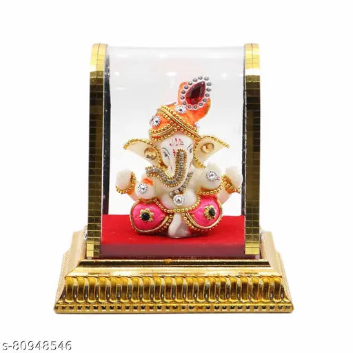 Poly Resin Ganesh Idol figurine in glass box, 7cmx9cmx5.5cm, elegant home or car decor for Diwali celebrations