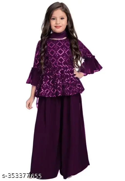 Georgette embroidered Kurta Sarara and Dupatta set, three-quarter sleeves for girls, stylish Indian partywear