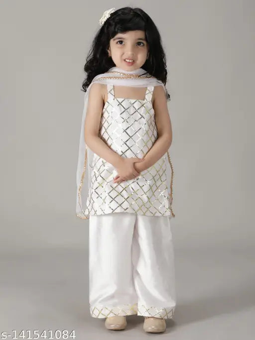 Silk blend checked salwar suit kurta set for kids girls, trendy Indian party wear, 1-7 years