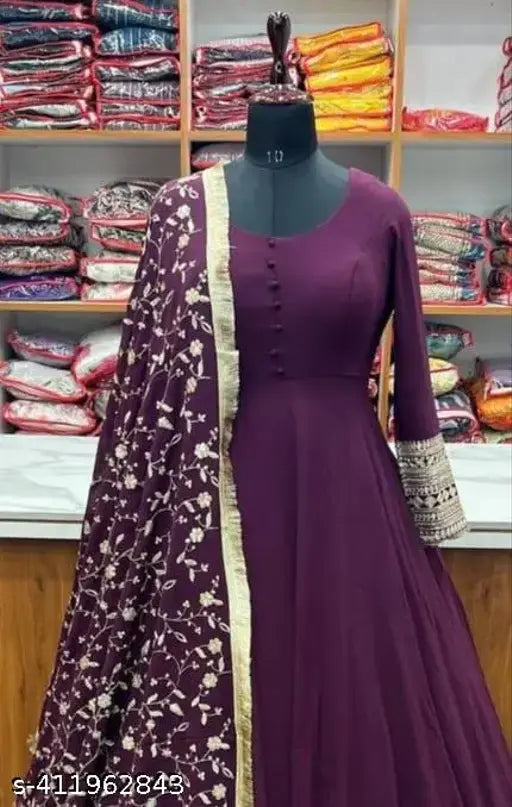 Georgette anarkali gown with dupatta, solid-colored Indian traditional outfit