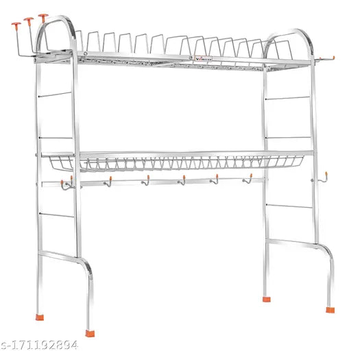 Stainless steel kitchen dish rack with 2 shelves and a rack for plates, cutlery, and other utensils. Space-saving design, suitable for small kitchens
