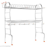 Stainless steel kitchen dish rack with 2 shelves and a rack for plates, cutlery, and other utensils. Space-saving design, suitable for small kitchens