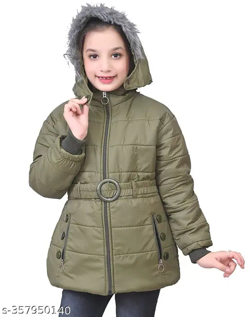 Olive green padded jacket with fur lining, hooded design, belt at waist