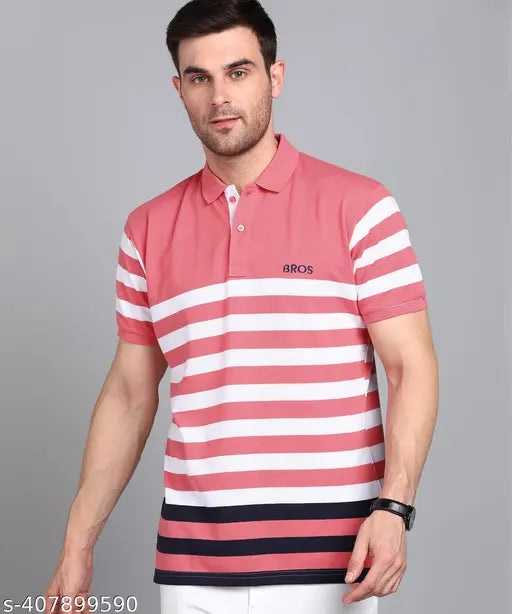 3BROS Striped Polo Neck Short Sleeves Cotton Blend Pink Stylish Fashionable & Comfortable Trendy Graphic Mens T-shirts