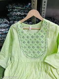 Green embroidered cotton three-quarter sleeve blouse from India, available in M-5XL sizes with bust measurements ranging from 38in to 50in and size length of 48in