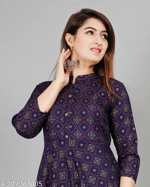 Blue printed viscose rayon Anarkali kurti with three-quarter sleeves, full flared style for women. Single size options available from S to XXXL