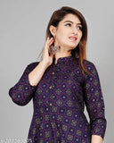 Blue printed viscose rayon Anarkali kurti with three-quarter sleeves, full flared style for women. Single size options available from S to XXXL