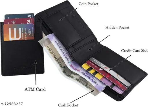 Black faux leather wallet, 5-card slot design for men's fashionable accessory. Hand-stitched, lightweight, long-lasting, and featuring a zip compartment for coins. Made in India