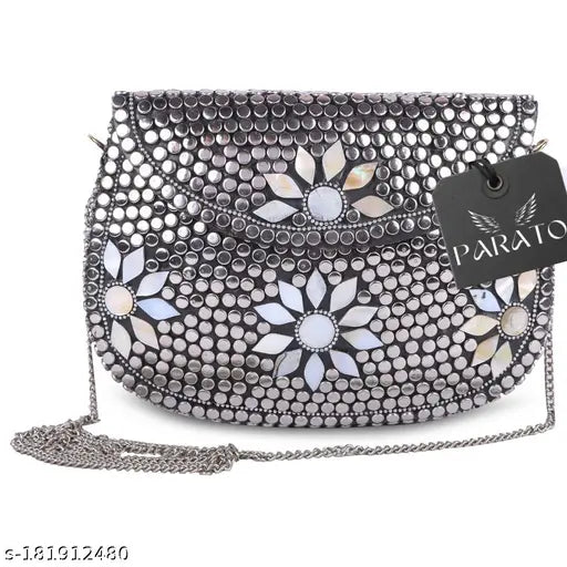 Handmade metal purse with sheepskin lining, silver hardware and three half sheepskin flowers