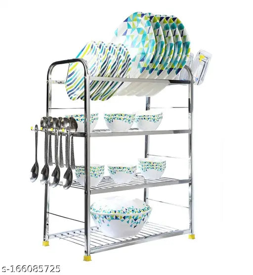 Stainless steel wall-mounted 4-shelf dish rack with utensil holder and plate shelf