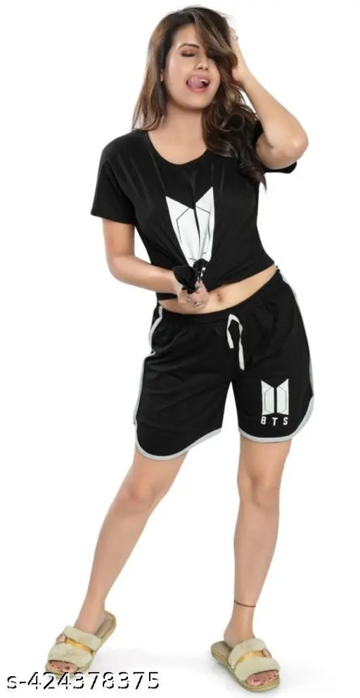 Black BTS print nightsuit for kids, hoisery cotton top and bottom, short sleeves, printed pattern, multiple sizes available from 9-16 years old, made in India