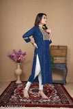 Rayon slub straight embroidered kurti with lurex silver lining, Indian ethnic wear for women - M (38in bust, 45in length)