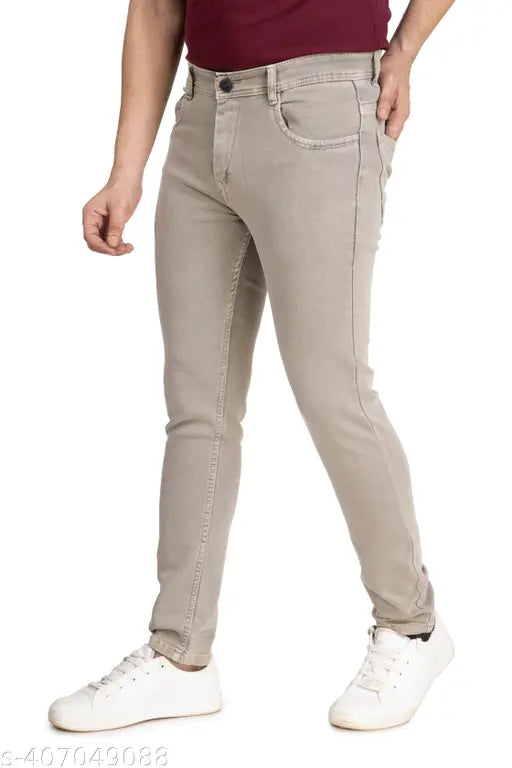 Brown denim skinny-fit jeans with mid-rise, elastane blend, five-pocket styling, and contrast stitching - versatile, machine washable, and available in various sizes for a flattering fit on different body types