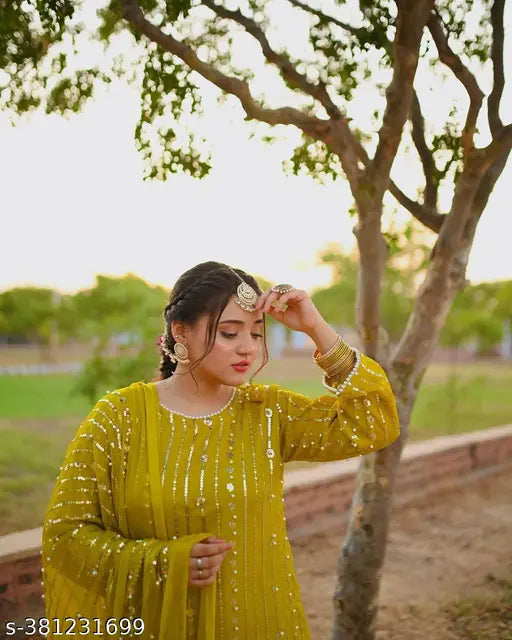 Yellow and gold embroidered traditional outfit with dupatta set