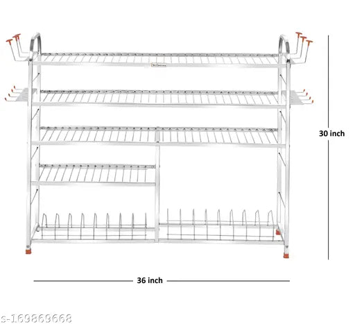 Stainless steel wall mount kitchen rack with 5 shelves, plate and cutlery stand, lower 2-plate level, measuring 30 inches long by 36 inches high