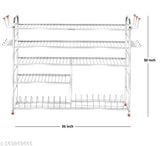 Stainless steel wall mount kitchen rack with 5 shelves, plate and cutlery stand, lower 2-plate level, measuring 30 inches long by 36 inches high