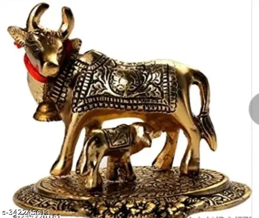 Brass Kamdhenu statue of Gopal Ji, Krishna, Shiv parivar, Laxmi, Ganesh in traditional attire with Chandan bed and Singhasan. Indian origin." (123 characters)