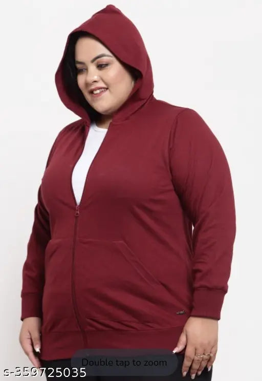 Stylish maroon fleece hoodie, long sleeves, plus size for women (XXL, X3XL), solid pattern, India origin