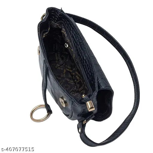Black animal print structured sling bag with multiple compartments