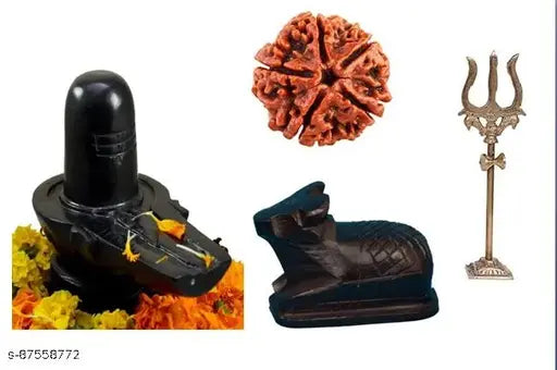 Nandi statue with brass trident, black stone Shiva lingam, and marble Shiva lingam with Rudraksha on a white background, pooja samagri set