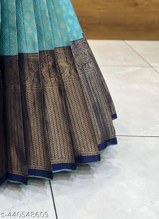 Special Beautiful Embroidery Half Saree, art silk semi-stitched, South Indian style festival wear with floral top and ethnic motif dupatta