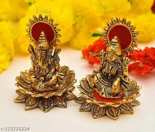 Gold antique finish Ganesha Lakshmi statue, seated on lotus, temple decor item for home or puja room, 10cm x 10cm x 10cm