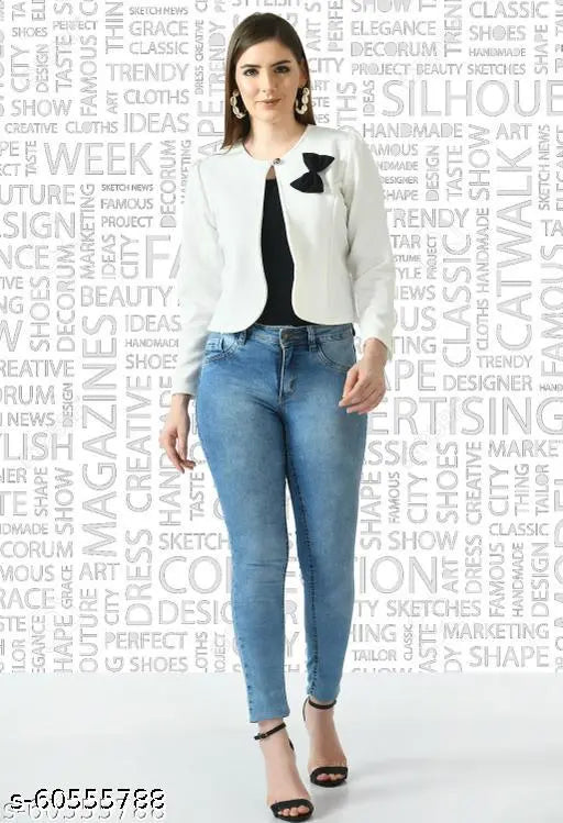 Cotton blend solid net open neck full sleeve women's bow jacket, perfect for casual everyday wear. Made in India