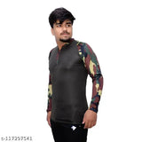 Olive green polyester men's t-shirt, military style with camouflage print & chain design, full sleeves & round neck
