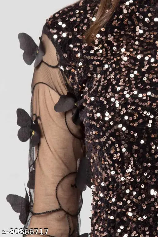 Brown cotton blend embellished top with three-quarter sleeves, perfect for casual wear